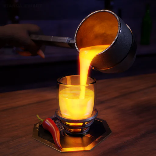 3D render of a charr paw with brown fur pouring molten lava into a cocktail glass. There's a large red chili pepper lying next to the glass.
