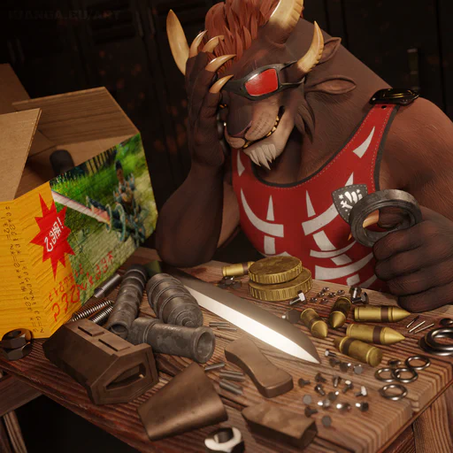 Kianga sitting at a table, looking frustrated at a pile of screws, bolts, and other parts that belong to some kind of weapon. He's sitting next to a box that looks like packaging for a child's toy: bright colors, and text in New Krytan that reads: NEW / CANTHAN GUNSABER / FOR BIG WARRIORS ONLY / SOME ASSEMBLY REQUIRED.
