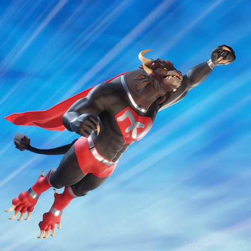 Kianga flying high up in the sky in a Superman pose (left fist forward), wearing the typical outfit except it's Blood Legion themed: black spandex with a red cape and silver accents, and the New Krytan letter S on his chest.
