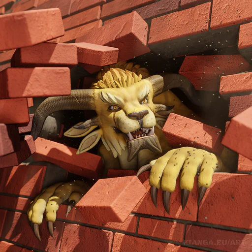 3D render of a male charr with yellow fur and brown horns, breaking through a red brick wall with his head and paws, bricks flying everywhere. He looks like this didn't cost him any effort at all, and is staring at something (or someone) off camera with an excited expression. 
