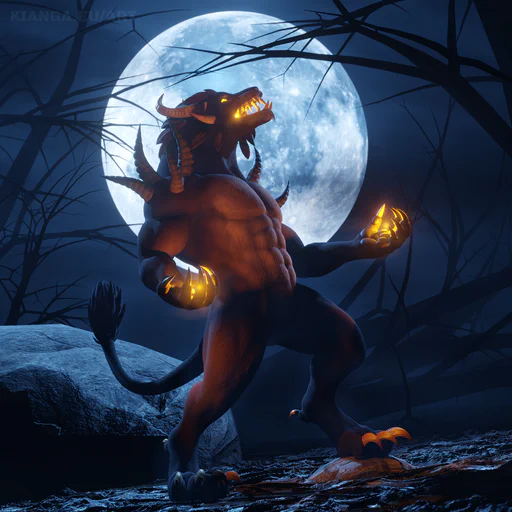 3D render of a male charr with brown fur but turned into a werewolf, howling at the sky against a huge full moon. No clothes (but shadows for decency), his muzzle is elongated like a wolf's, spikes are growing from his shoulders, and his eyes, mouth, and hands are glowing with fiery magic.
