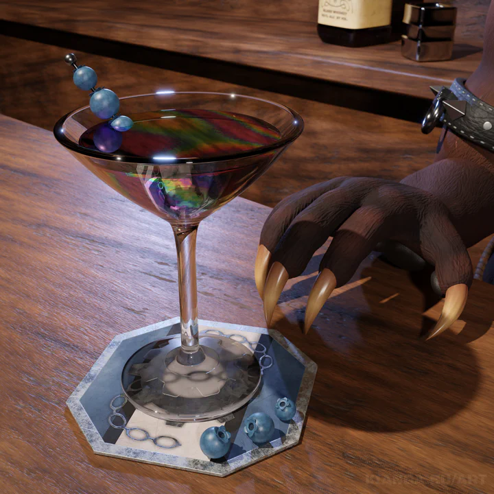 Cocktail glass filled with a black oily liquid and decorated with blueberries, with Kianga's paw resting next to it.
