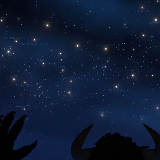 Dark blue night sky with a couple of stars shining in bright yellow. The stars are labeled with the names of my patrons in New Krytan. A dark silhouette of Kianga (just the top of his head and left paw) looks up at the sky, his paw raised like he's waving at them.