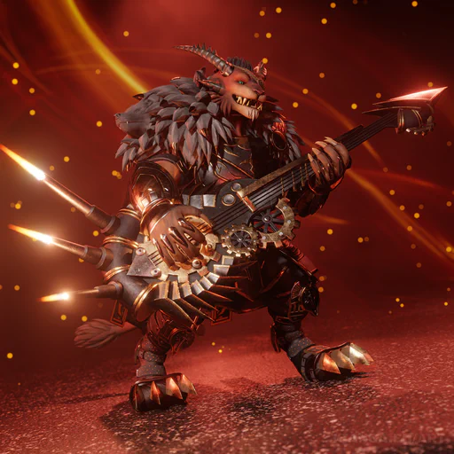3D render of a male charr (Bloodeye Lacsap) in full battle armor against a fiery background, playing the Musical Bass Guitar from the Guild Wars 2 gem store. The guitar has a crazy design with gears, spikes, and (for some reason) three exhaust pipes that shoot flames. Lacsap looks like he's thoroughly enjoying it.
