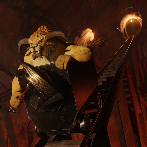 3D render of a charr with yellow fur sitting in a minecart somewhere in an underground cave. He's not wearing clothes for some reason but holding his battle axe and it looks like he's fleeing from somewhere. The minecart track sits on high beams, with lava glow coming from below, and the track is coming out of a hole in the wall far in the distance that's illuminated by torchlight. The whole bizarre scene looks like it could be from an Indiana Jones movie.
