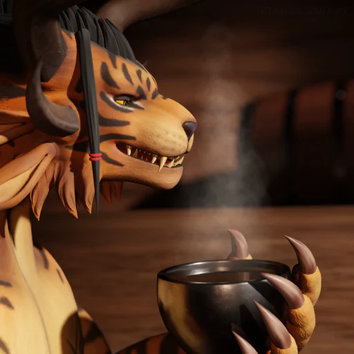 3D render of a male charr with orange fur and black tiger stripes, enjoying a cup of coffee. He's breathing in the steam rising from the cup, and looking very relaxed. There are wooden barrels and panels in the background, slightly out of focus.
