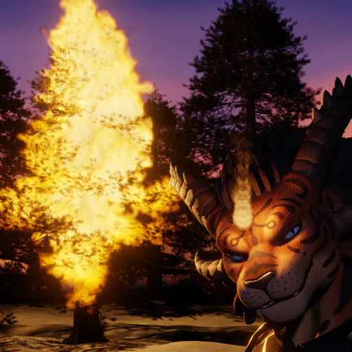 3D render of a male charr with orange fur and black tiger stripes, standing outside after sunset in front of a group of pine trees. One of them is on fire, almost entirely engulfed in flames. The charr has his back to the tree and is staring at the viewer with a knowing expression, similar to the "disaster girl" meme.
