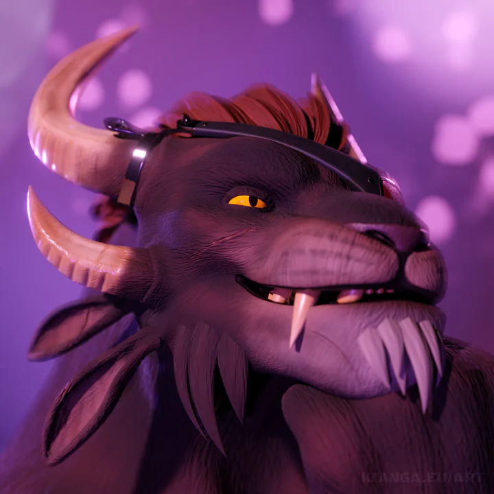 Close-up 3D render of a male charr with brown fur and a red eye patch, looking slighly up and past the viewer with his eyes half-closed. The scene is lit with soft purple light as if at dusk, with a dark blurry shape in the background that could be a tree.
