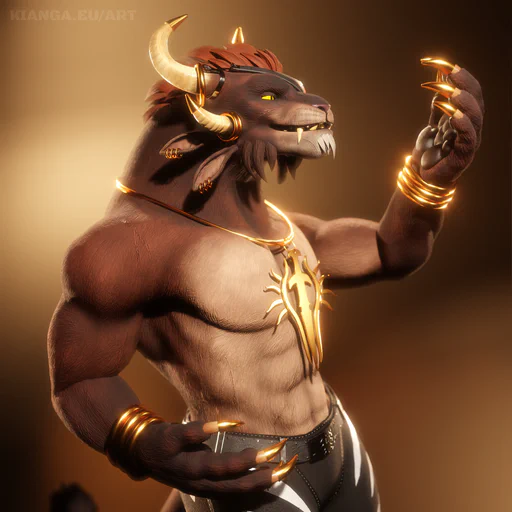 3D render of a male charr with brown fur in front of a warm brown background. He's shirtless and wearing black shorts, a red eye patch, and a lot of jewelry: shiny gold rings around his horns and wrists, three golden earrings on each ear, and a gold necklace with a large Blood Legion pendant. He's holding up his left hand paw so he can admire his golden claw tips. 
