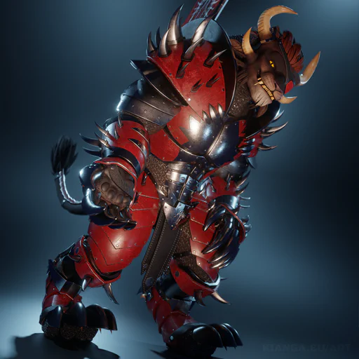3D render of a male charr in full Blood Legion battle armor with a red eye patch against a dark blue-gray background. He's reaching down towards the viewer to help them up with a friendly smile.