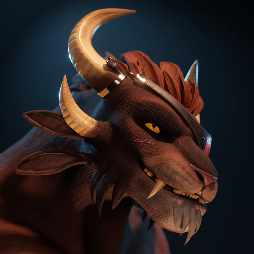Close-up 3D render of a male charr with brown fur, one yellow eye, and a red eye patch, looking with a grin at something past the viewer. He's lit by warm indoor light from above, while the background is a dark blue-gray.
