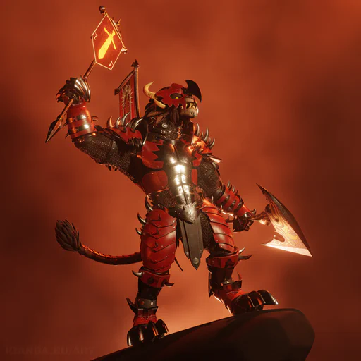 3D render of a male charr in full Blood Legion armor standing on a rocky precipice against a fiery red background and rallying his troops, battle axe in his left hand, a warrior banner raised in his right.
