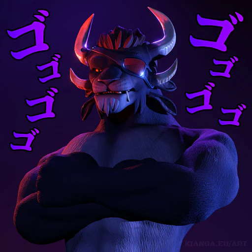 3D render of a shirtless male charr wearing a red eye patch, arms crossed, looking down at the viewer with a menacing expression, teeth slightly bared. The background is an eerie purple, with multiple katakana characters ゴ (go) surrounding him.
