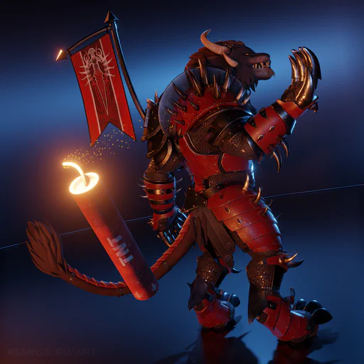 3D render of a charr warrior in full steel armor, his back half-turned as he's carelessly throwing a stick of TNT with a lit fuse towards the viewer. The background is an abstract dark blueish-metallic room.
