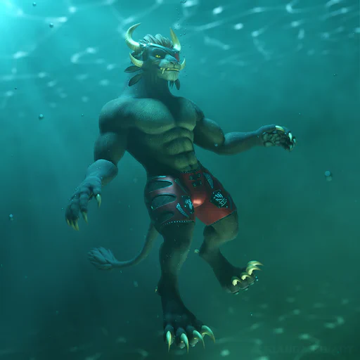 3D render of a male charr swimming underwater with a happy expression. He has brown fur, yellow eyes, a red eye patch, and red swimming trunks. The scene is bathed in calm green-blue light, with sun rays from the surface shining through the water and little air bubbles everywhere.
