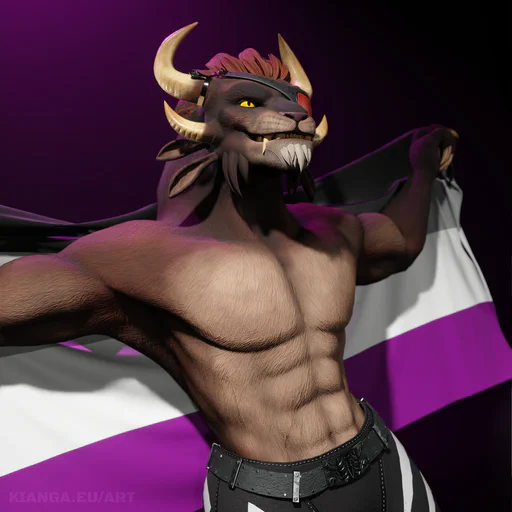 Half-body 3D render of my charr warrior, shirtless, smiling and holding an asexual pride flag behind his back.
