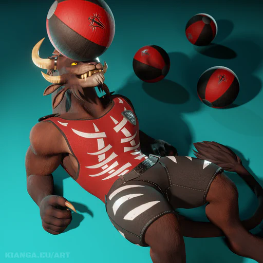 3D render of a male charr with brown fur and yellow eyes, balancing a large black and red ball with the Blood Legion emblem on his nose while lying on the floor propped up on his elbows. He is wearing black shorts and a red tank top. There are three more balls on the cyan floor behind him.
