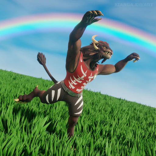 3D render of a male charr with black shorts and a red tank top, prancing happily through long green grass under a blue sky. There’s a rainbow above him, making the whole scene look a bit silly.
