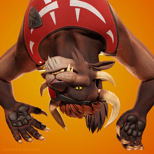 3D render of a male charr hanging upside down against an orange background, with only his head and upper torso visible, giving the viewer a toothy grin. His hands are dangling casually next to his head, showing his black paw pads and sharp claws. He has brown fur, yellow eyes, a red eye patch, and a red tank top.
