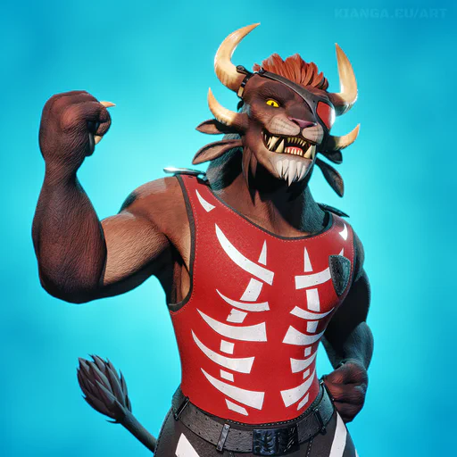 3D render of a male charr looking excited, his right fist raised in the air, showing his teeth in an excited grin. He's wearing a red tank top with white stripes, black pants, and a red eye patch. The background is a bright cyan gradient.
