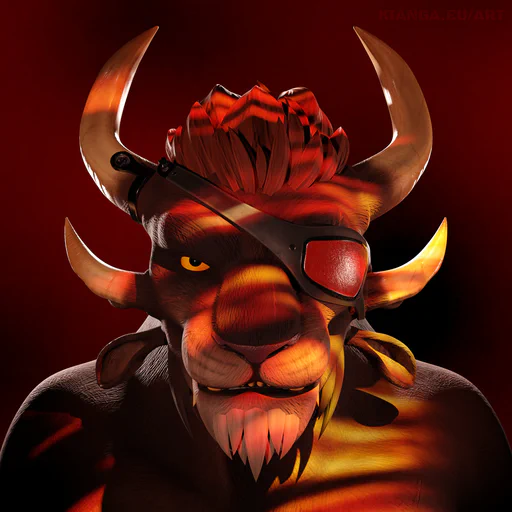 Close-up 3D render of a male charr with brown fur and a red eye patch, staring directly at the viewer. He's bathed in orange light, with streaks of light and shadow cast over his face.
