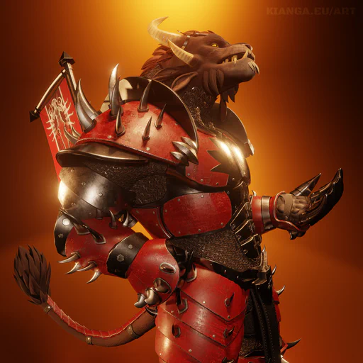 3D render of a charr legionnaire in full Blood Legion themed battle armor looking somewhere to the right, against an orange background. His right fist is resting on his hip, and he is looking rather unimpressed with whatever he is seeing.
