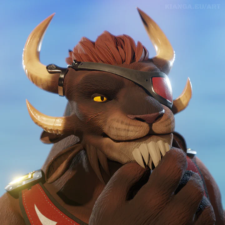 Close-up render of a male charr with brown fur with a red eye patch, stroking his beard with a thoughtful expression.

