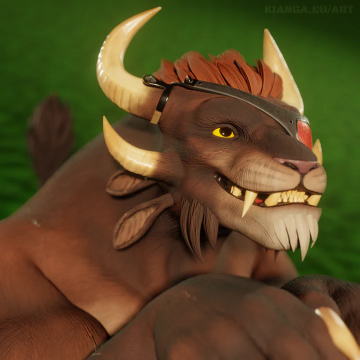 Close-up 3D render of a male charr with brown fur and a red eye patch. He's sitting on grass and looking up to someone, trying his best "puppy eyes" expression with a big grin.
