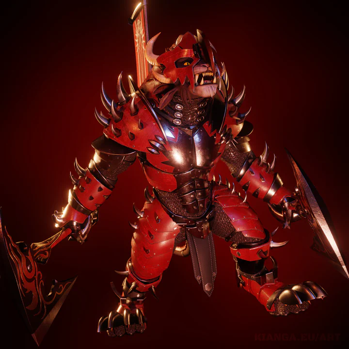 3D render of a charr warrior in full Blood Legion battle armor, wielding two battle axes and snarling fiercely. The background is an abstract red gradient.

