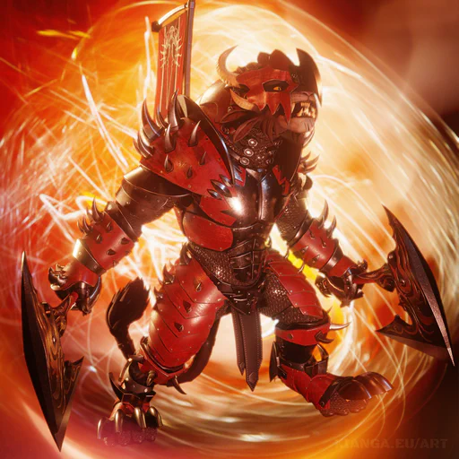 3D render of a charr warrior in full Blood Legion battle armor, wielding two battle axes and snarling fiercely, with fiery red magic in the background.
