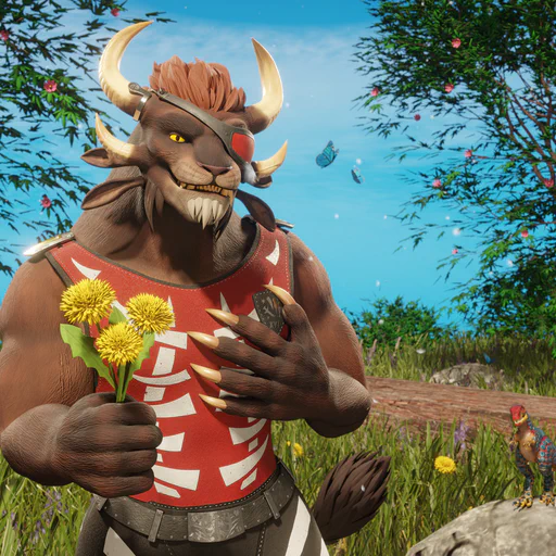 3D render of a male charr with brown fur, wearing a red eye patch, black shorts, and a red tank top. He's standing in a sunny meadow during spring time, surrounded by trees, flowers, and butterflies, and holding three dandelions, looking at the viewer with a smile. There's a pocket raptor sitting next to him on a rock, looking curious.
