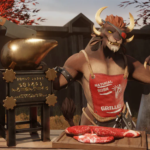 3D render of a male charr with a red eye patch, wearing a red apron with the text “Natural Born Griller”. He’s standing behind a table outside a village, grinning at the viewer, left hand resting on a meat cleaver, right hand resting on an oversized cooking trophy, a few chunks of raw meat in front of him. The cooking trophy is a golden meat drumstick with a meat cleaver embedded in it, resting on a black steel pedestal decorated with golden gears and letters in New Krytan script.
