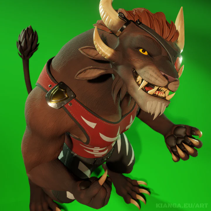 3D render of a male charr with brown fur wearing a red tank top and eye patch against an abstract green background. He's looking up at the viewer with an expression that says he's up to no good: big toothy grin, right hand clenched to a fist, left hand slightly open showing his long sharp claws.
