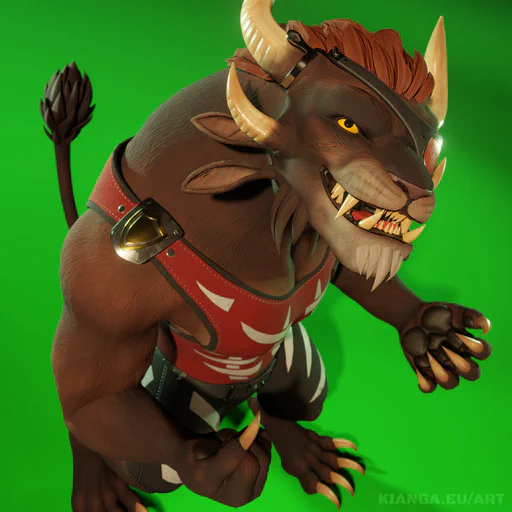 3D render of a male charr with brown fur wearing a red tank top and eye patch against an abstract green background. He's looking up at the viewer with an expression that says he's up to no good: big toothy grin, right hand clenched to a fist, left hand slightly open showing his long sharp claws.
