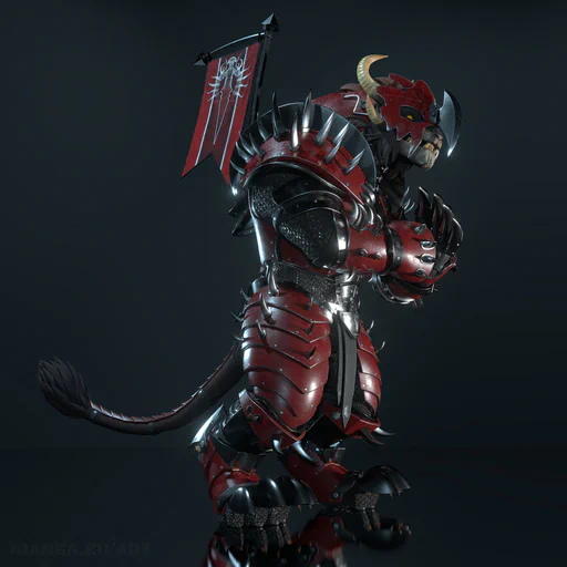 3D render of a charr with full steel Blood Legion armor against a dark gray background. He’s smashing his fists together as if things are about to get serious.
