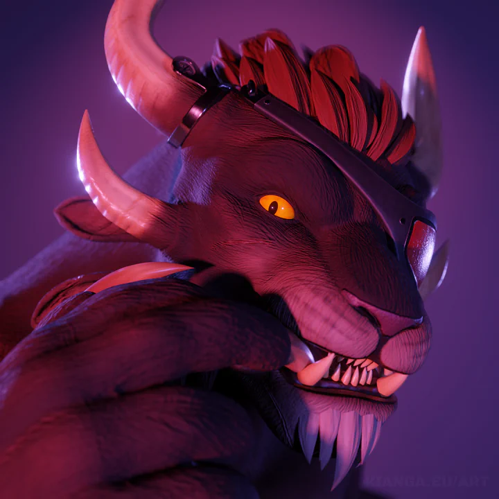 Close-up 3D render of a male charr with brown fur, yellow eyes, and a red eye patch, looking nervously just past the viewer, eyes wide, while biting on one of the claws of his right hand. The background is a soft purple gradient.
