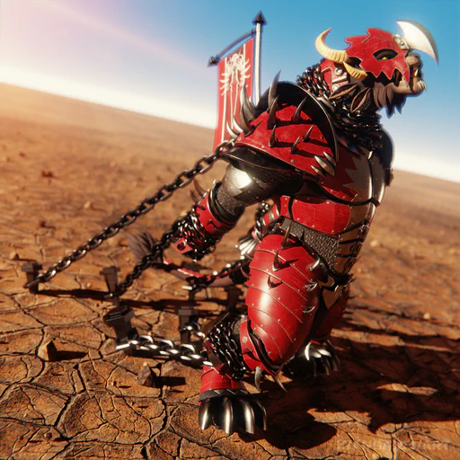 3D render of a charr warrior in red full plate armor, somewhere in the desert. He's standing with his arms and legs chained to the dry, broken ground, pulling at the chains desperately, trying to escape the sun and heat.
