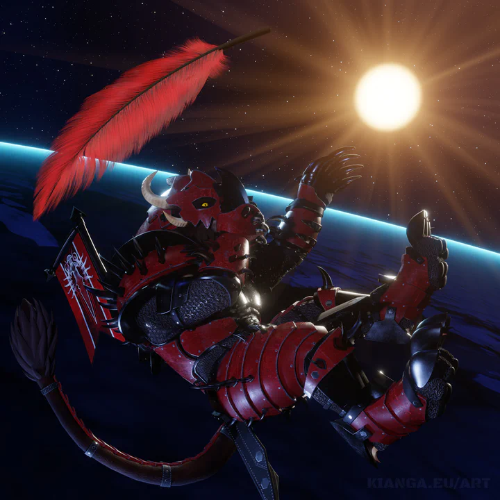 3D render of a charr warrior in red full-plate armor, floating in space over an earth-like planet, with the sun in the background just above the horizon. He looks like he's holding his breath and is slowly falling down. There's a fluffy red feather floating next to him, much closer to the viewer so it appears almost the same size as the charr.
