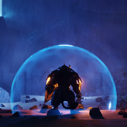3D render of an armored charr guardian, viewed from the back. It is night time, and he's a dark silhouette guarding a large steel gate with a magical blue shield surrounding him. Beyond him there's a battlefield shrouded in mist, with a bright beacon in the distance lighting up the sky. You can just barely make out the outline of an enormous dragon wing hovering over everything.
