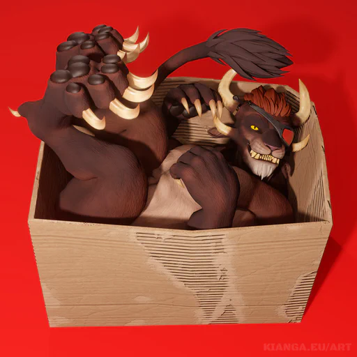 3D render of a male charr with brown fur, yellow eyes, and a red eye patch, lying in a cardboard box like a cat, paws in the air and grinning at the viewer.

