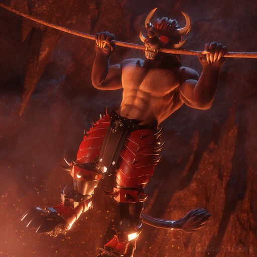 3D render of a male charr, holding on with both his hands and his teeth to a thick rope over a fiery chasm. He has brown fur, a yellow eye, and a red eye patch, and is wearing red painted steel armor and boots from the waist down, but nothing on his chest, arms, or hands.
