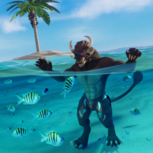 3D render of a male charr (Kianga Snowstorm) near a tropical beach, both the character and camera half-submerged in crystal-blue water. He has his arms raised slightly above the water and is looking curiously at a school of Sergeant major fish swimming close to him. There is a tropical island with a single palm tree in the background.