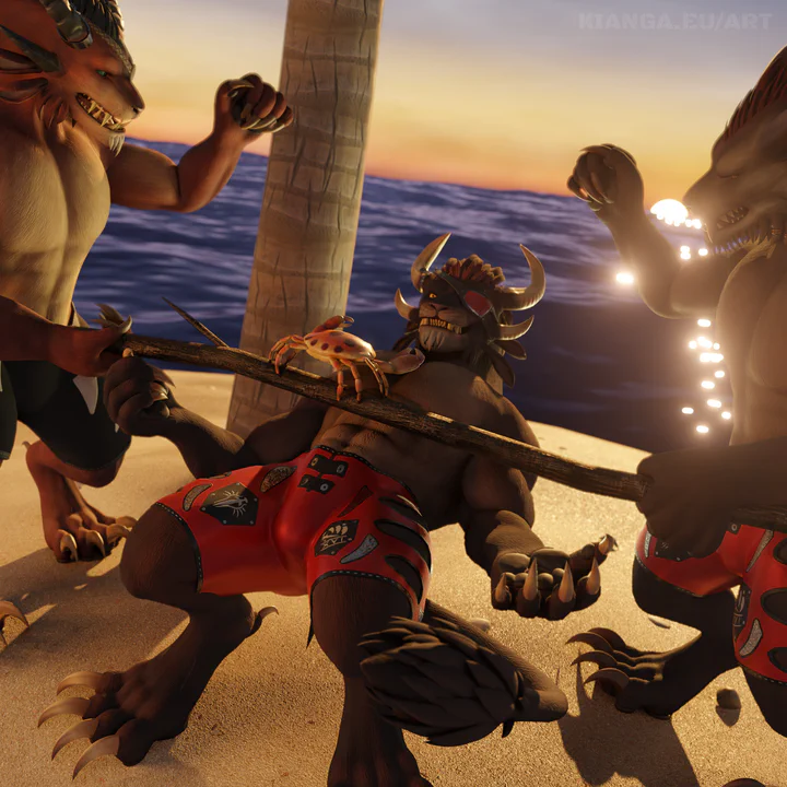 3D render featuring three charr on a beach playing "crab limbo" at sunset. Two are holding a wooden stick with a crab sitting on it, while the third is trying to pass under it without getting pinched by the crab.
