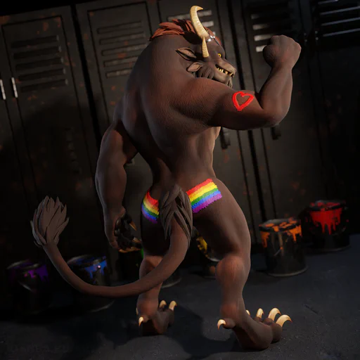 3D render of a male charr with brown fur in a locker room, surrounded by colorful paint buckets. He's naked and has his back turned towards the viewer. Rainbow flags are painted on his butt cheeks and a red heart on his flexed right biceps. He's glancing back over his shoulder with a confident grin.
