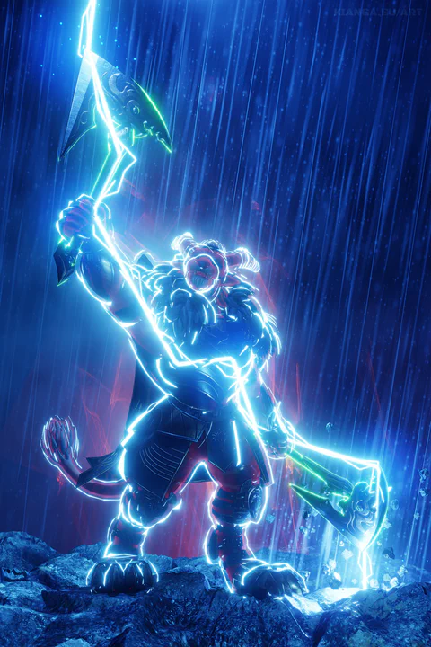 3D render of a charr warrior standing in a thunderstorm, holding up one of his two battle axes as it is struck by lightning. The electricity arcs down along his steel armor and over his other axe into the ground. His entire armor is outlined brightly from the lightning, and there is also a faint red glow from a warrior skill that prevents him from taking any damage.
