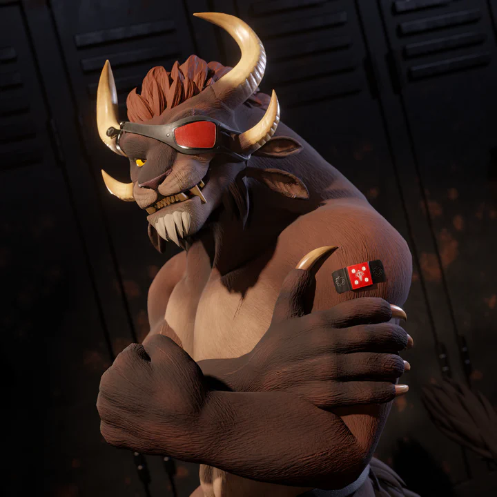 3D art of a shirtless charr warrior wearing an eyepatch and a black and red plaster on his left shoulder. Left fist clenched, right paw holding his arm, looking directly at the viewer.