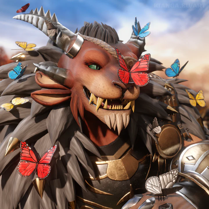 3D render of a male charr with reddish brown fur, teal eyes, and a brown eye patch. He's wearing full steel armor with a fluffy gray pelt over his shoulders, and a dozen colorful butterflies (red, yellow, blue, gray - the colors of the charr legions) are sitting on him.

