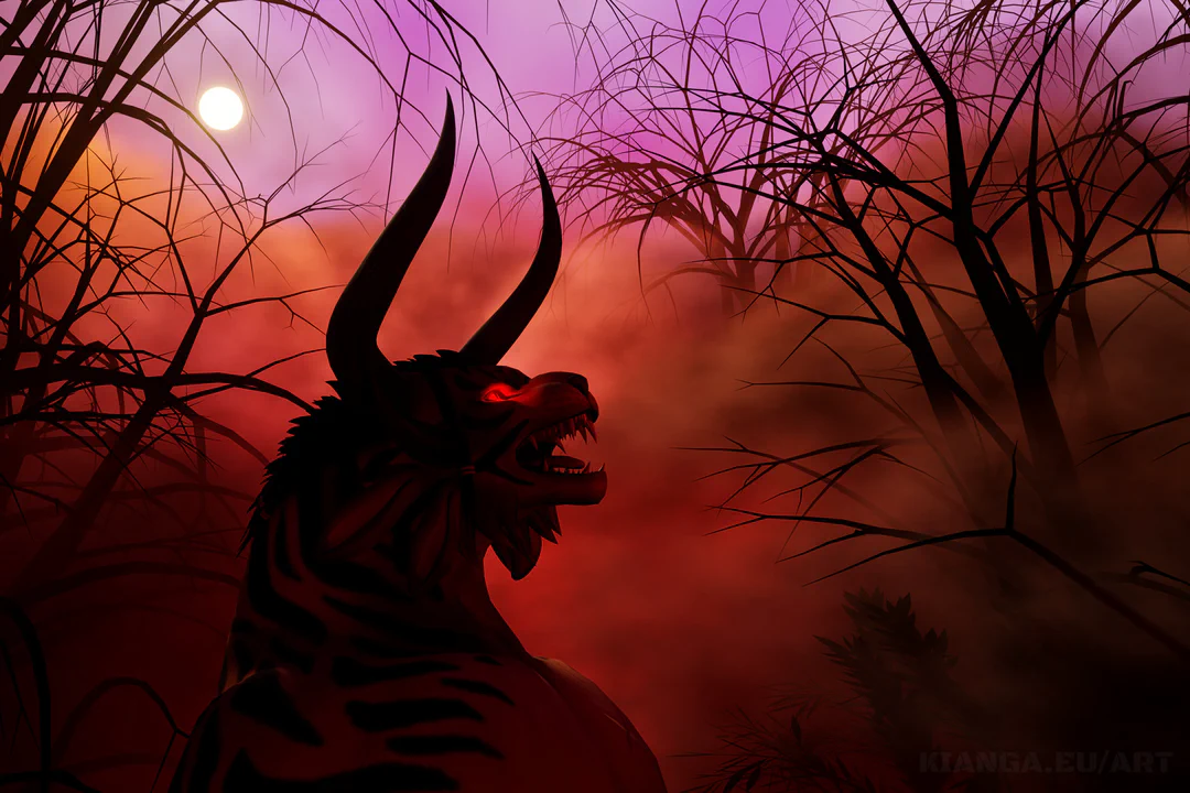 3D render of a feral looking charr with tiger stripes in a primeval rainforest at dawn, shrouded in mist and with mostly red and purple colors. His head is raised in a roar and his eyes are glowing red.
