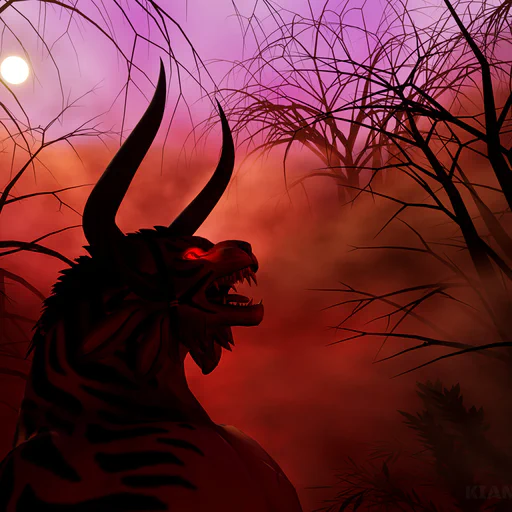 3D render of a feral looking charr with tiger stripes in a primeval rainforest at dawn, shrouded in mist and with mostly red and purple colors. His head is raised in a roar and his eyes are glowing red.
