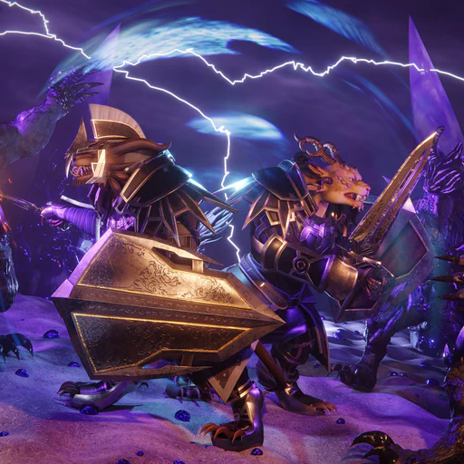 3D rendered battle scene featuring two charr, Ripa Soulkeeper and Almorra Soulkeeper, fighting a horde of Branded charr in a desert environment, with a dark purple sky and lightning in the background. They're both wearing full steel armor of the Vigil, wielding short swords and large shields. A magical blue shield surrounds them, and Ripa is striking at one of the Branded with his sword, snarling.

